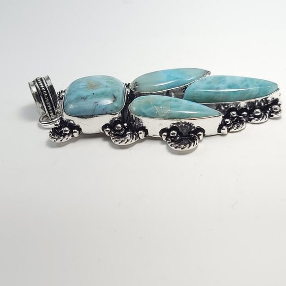 Grand Larimar Quartet Silver Pendant (2.5") with 18" Necklace - Picture 9 of 12